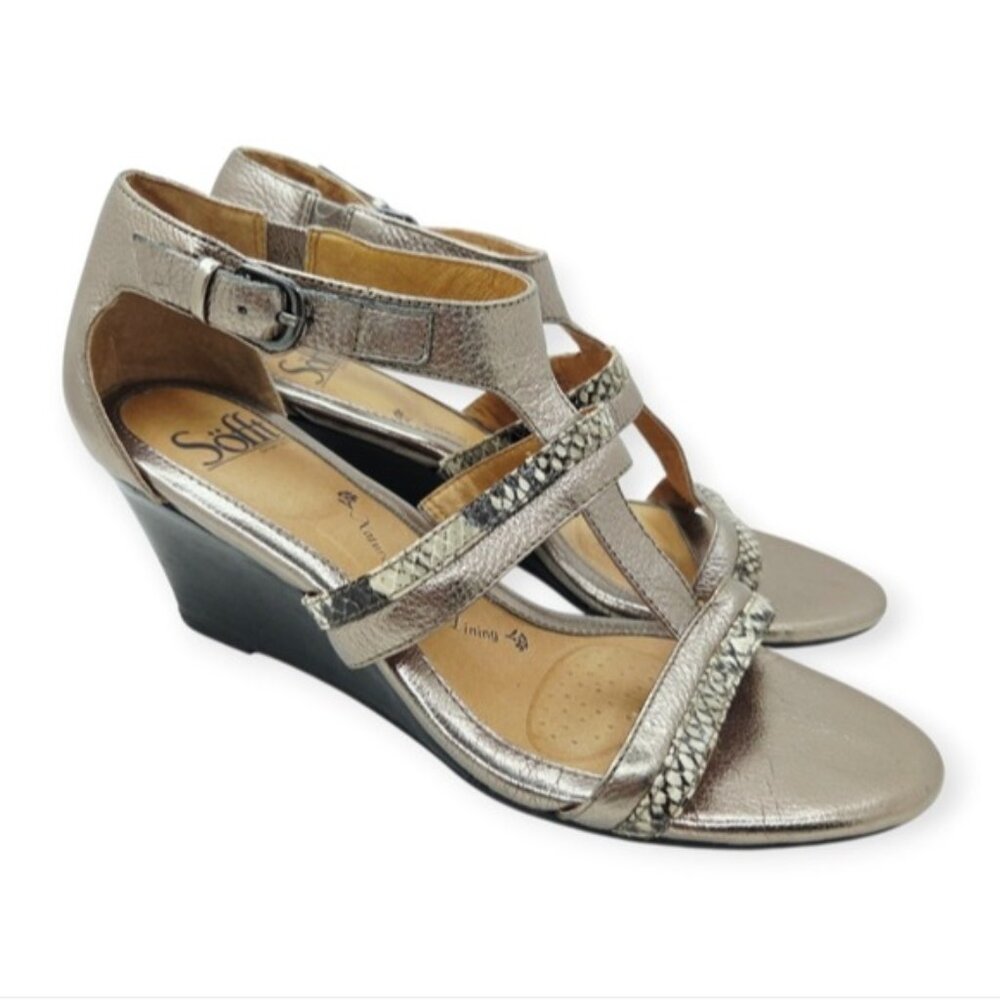 Sofft Pippa Pewter Snakeskin Metallic Leather Wedge Heel Sandals Women's Size 8